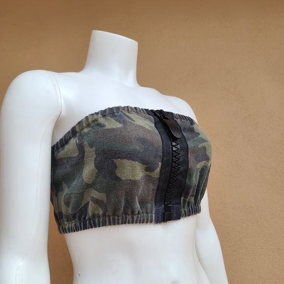Fashion Nova Camo Oversized Zipper Front Tube Top XS Crop Denim Cotton - Picture 10 of 14